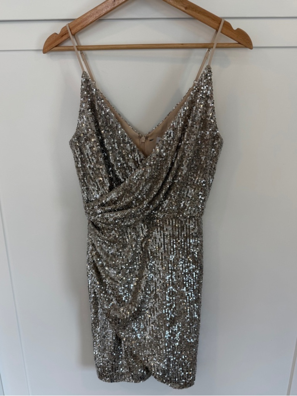 NWT - Gianni Bini Silver Sequin Draped V-Neck Slip Dress